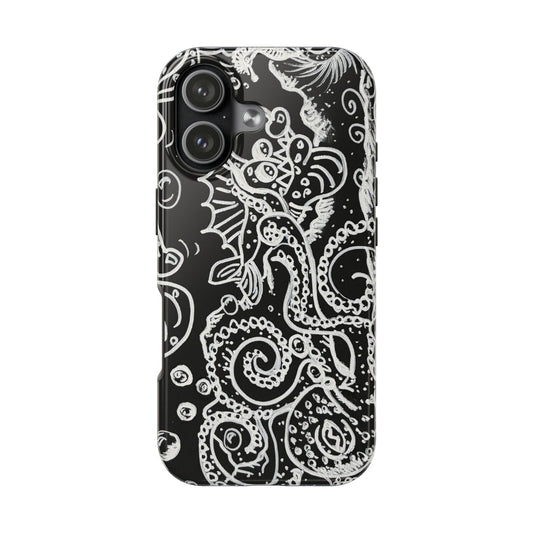 Octopus Kraken Tough Phone Case — Black & White Nautical Illustration, Durable Protective Cover
