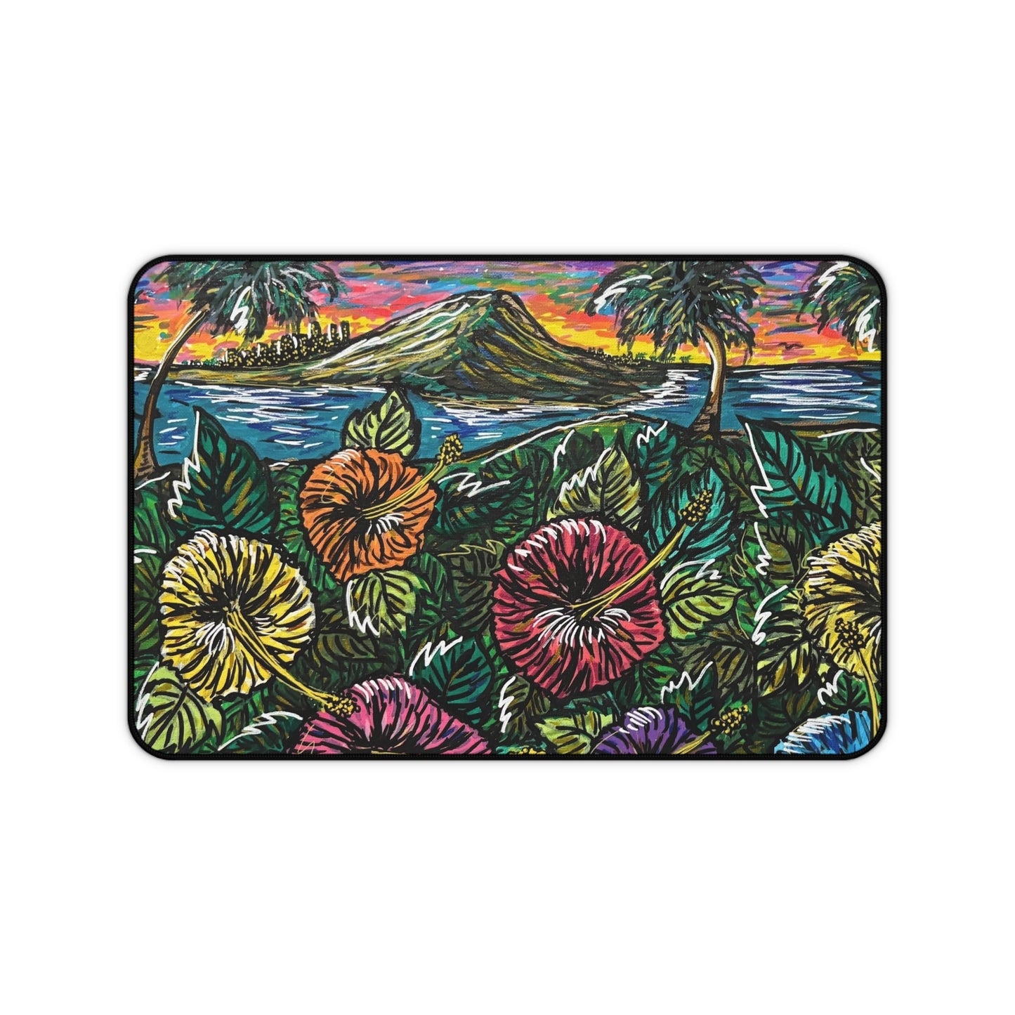 Tropical Hibiscus Desk Mat — Colorful Island Landscape Mouse Pad