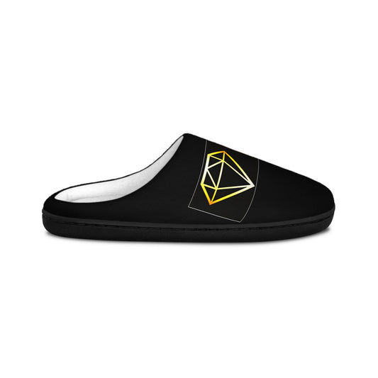 Men's Indoor Slippers — Black Geometric Diamond & Bold Typography Cozy Slides