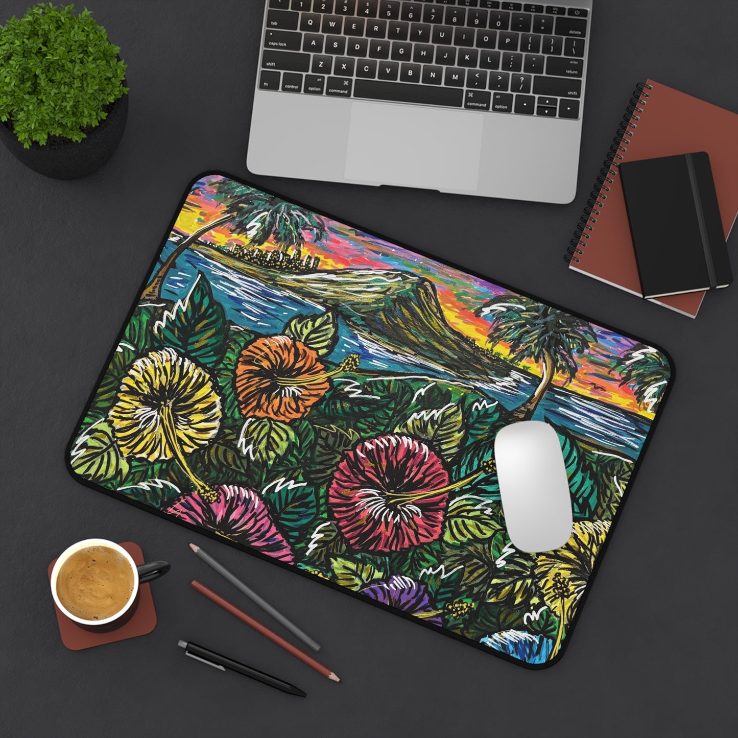Tropical Hibiscus Desk Mat — Colorful Island Landscape Mouse Pad